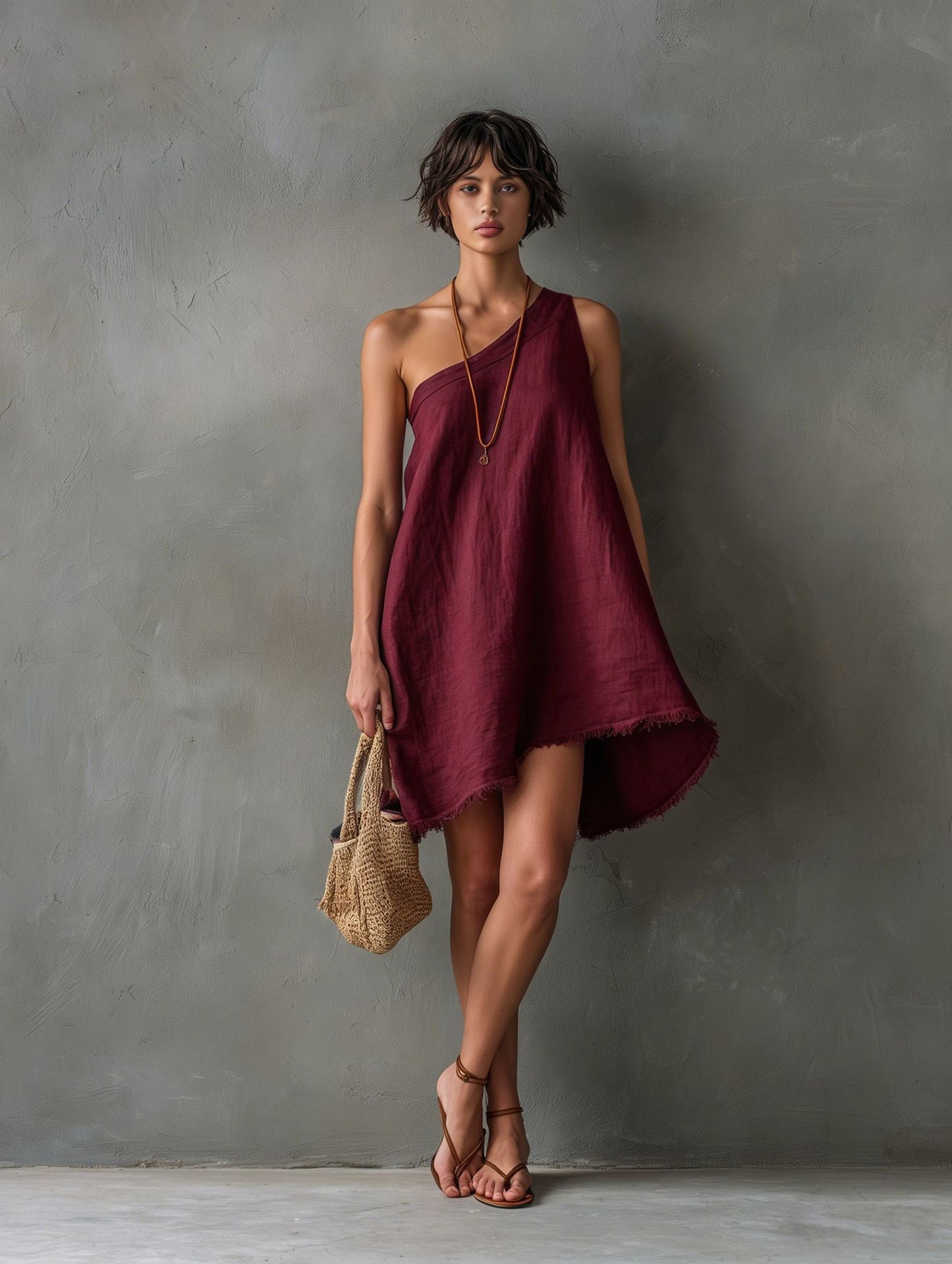 Women's Minimalist Linen Blend Shoulder Sleeveless Frayed Dress
