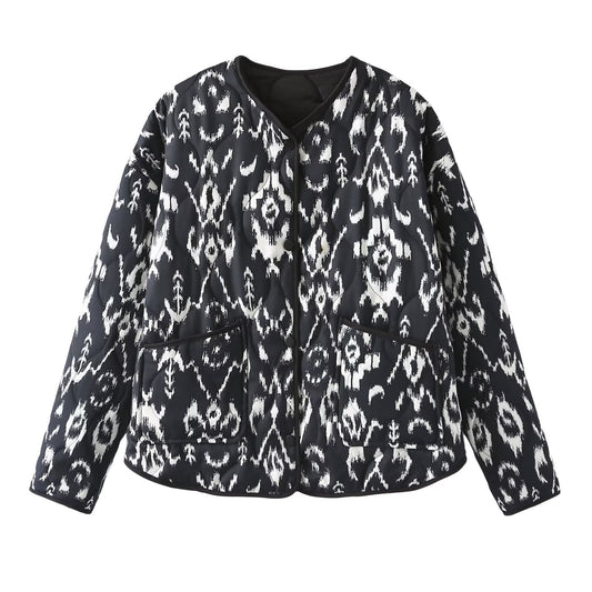 Women's Retro Collarless Pocket Printed Quilted Loose Coats