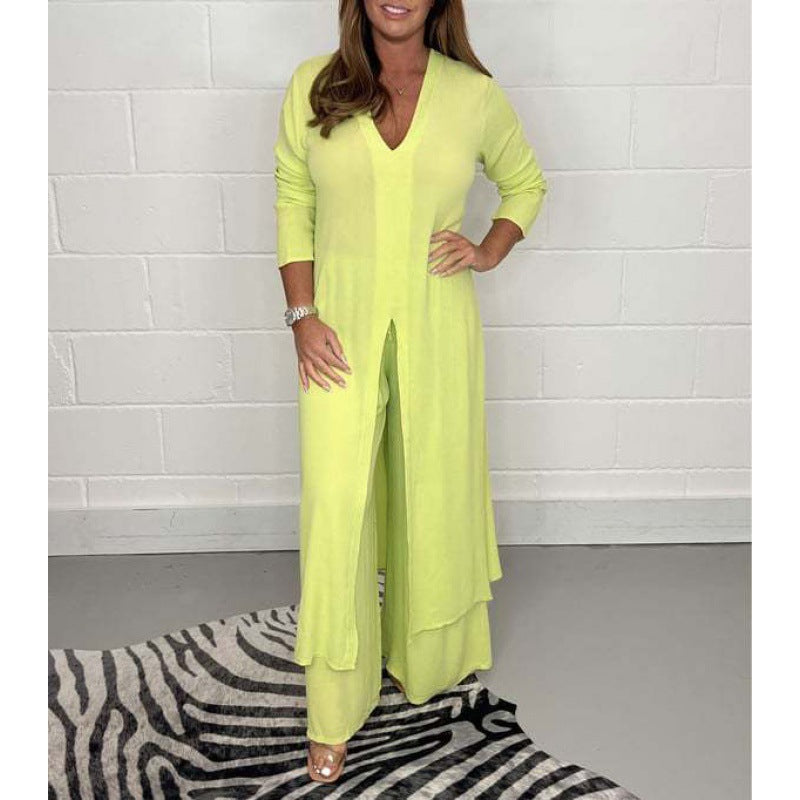 Women's Autumn Pure Color Split Long Shirt Trousers Clothing