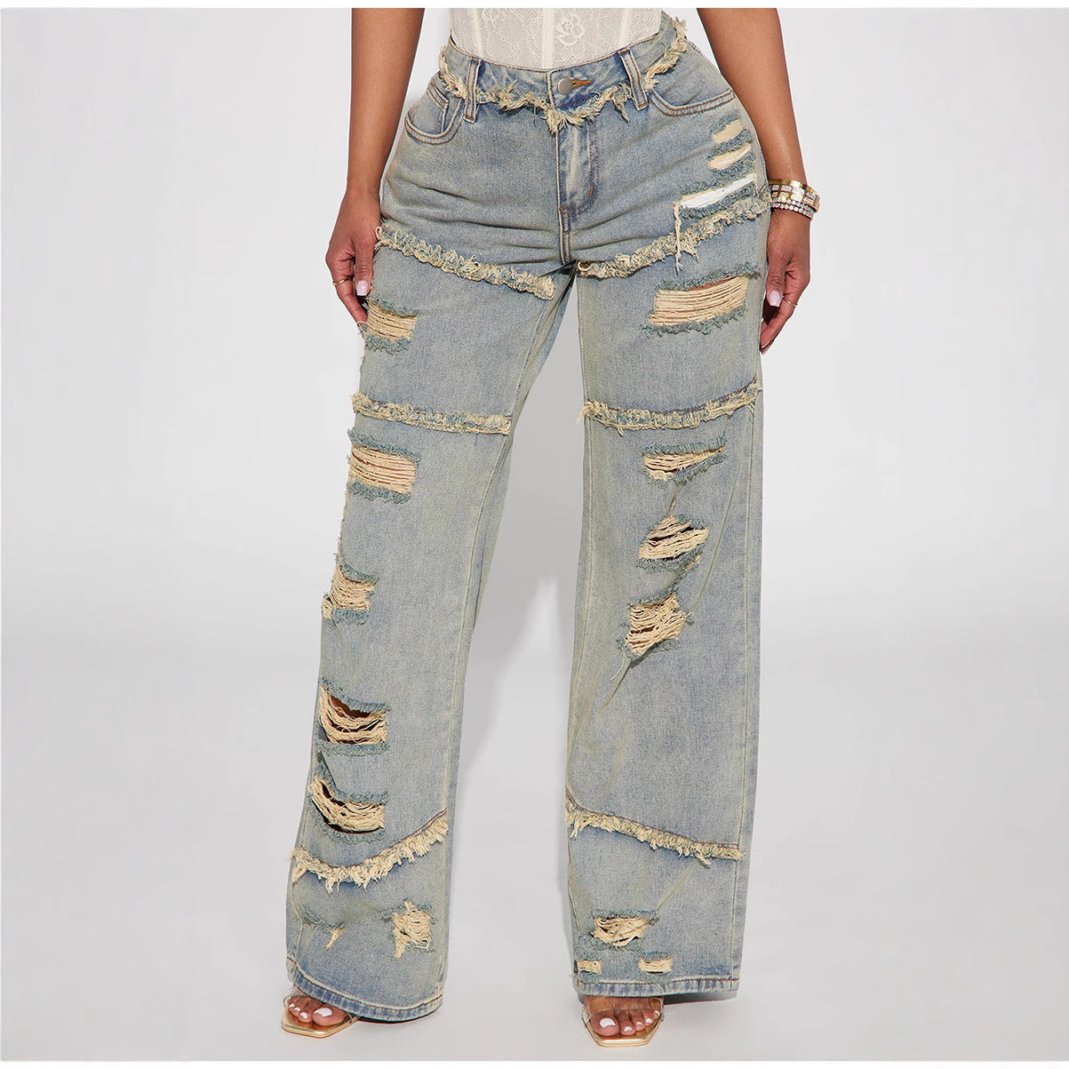 Women's Attractive Ripped Washed Fashionable Worn Pants