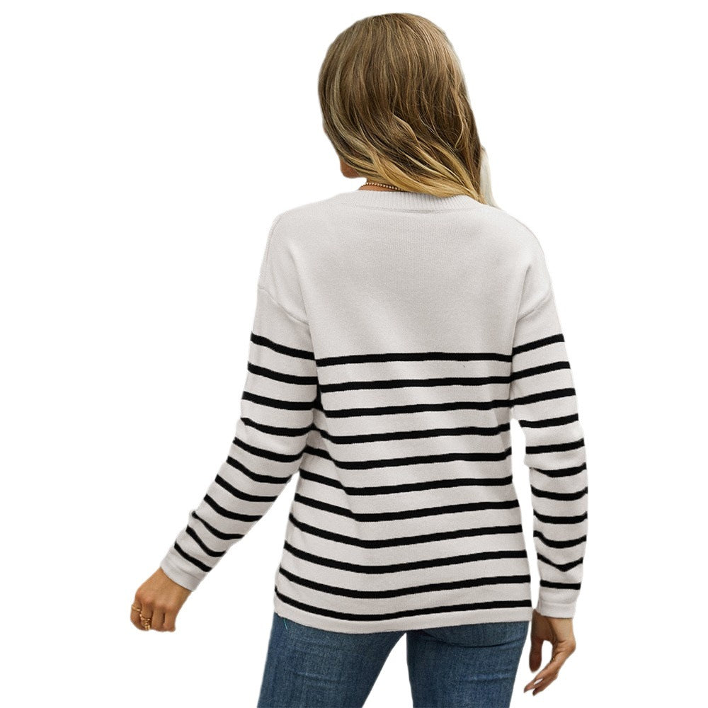 Spring Pullover Patchwork Button Striped Stitching Women's Sweater