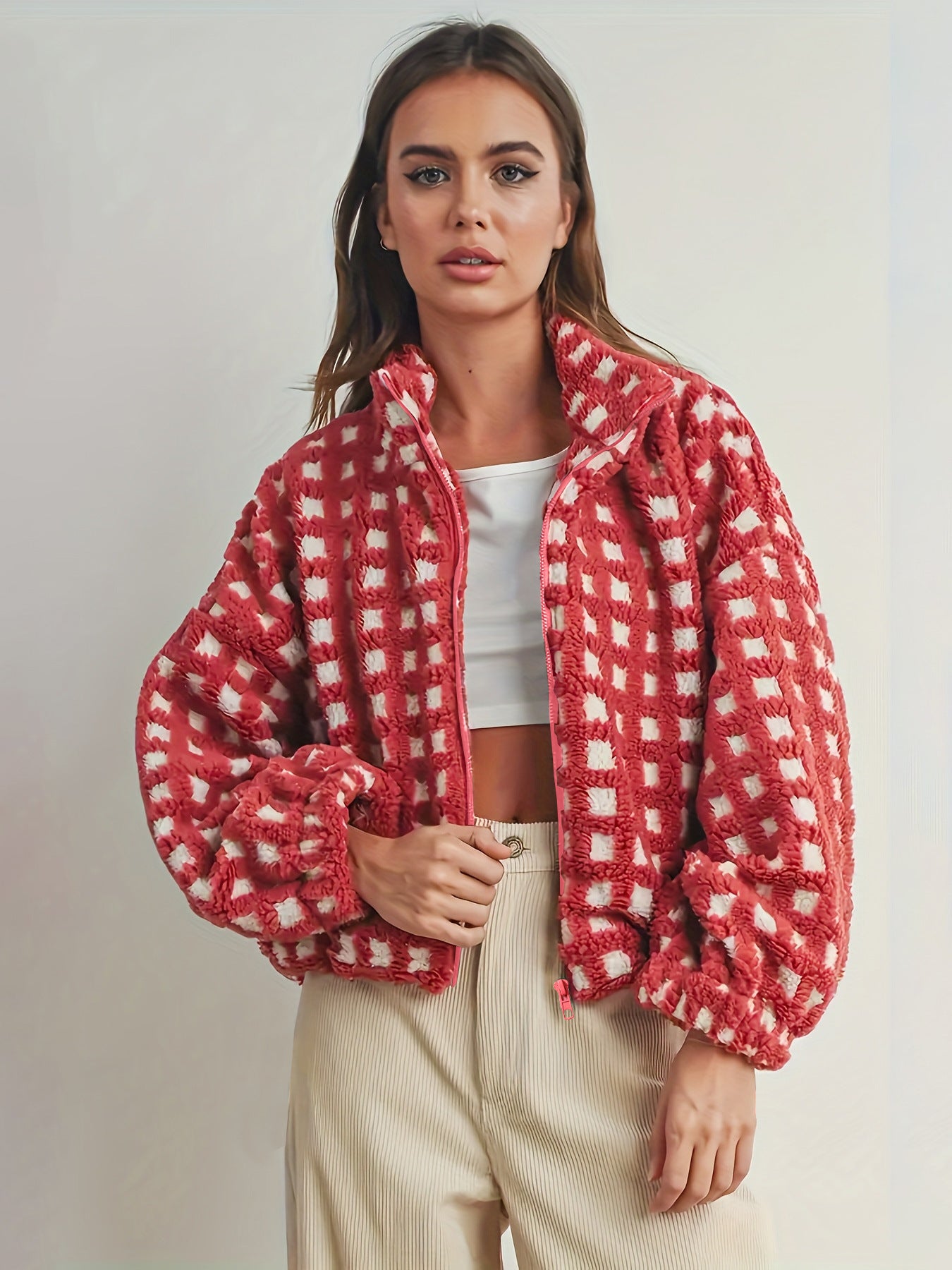 Women's Fashion Design Plush Red Plaid For Coats