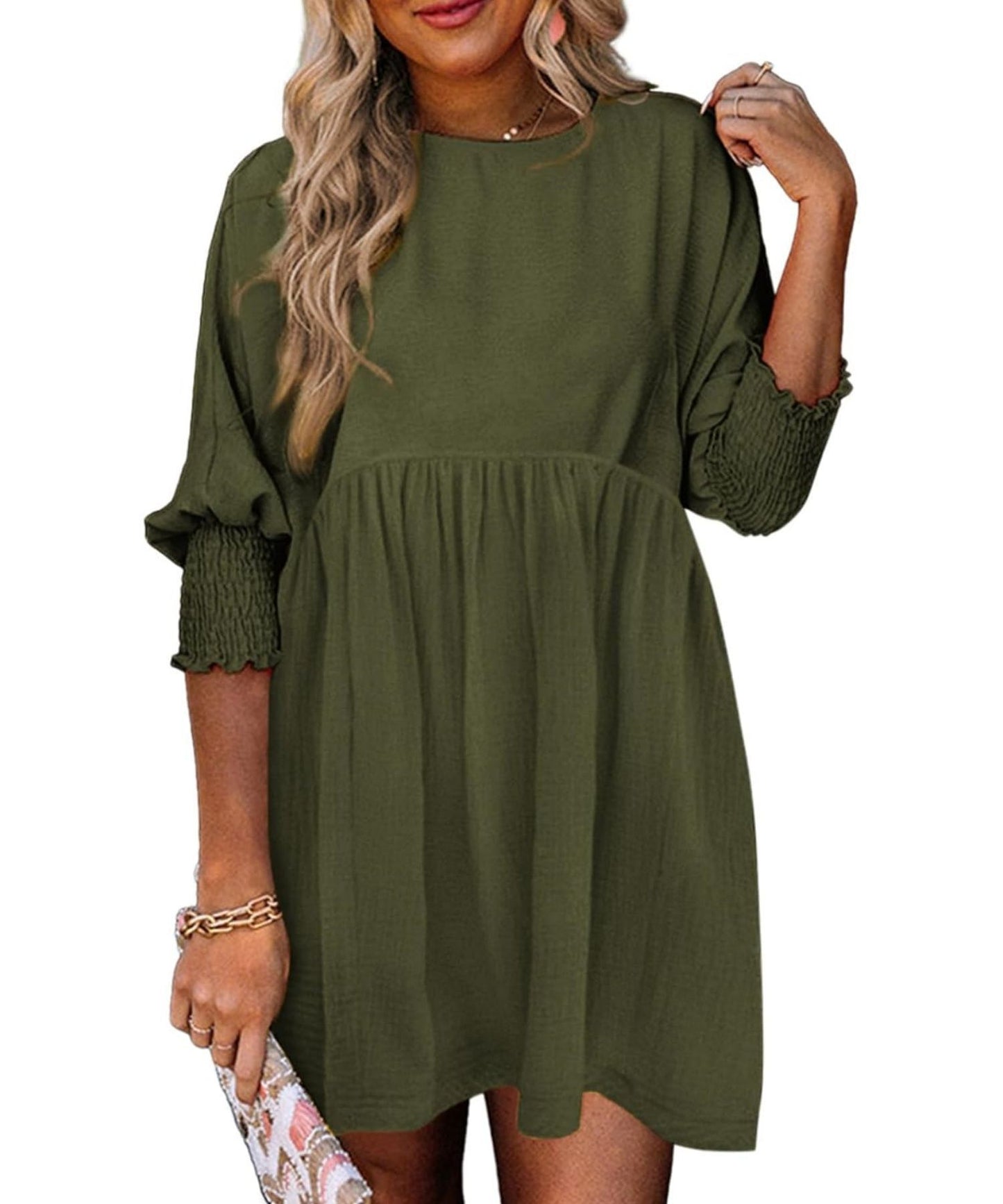 Women's Round Neck Girdle Cuff Pleating Casual Dresses