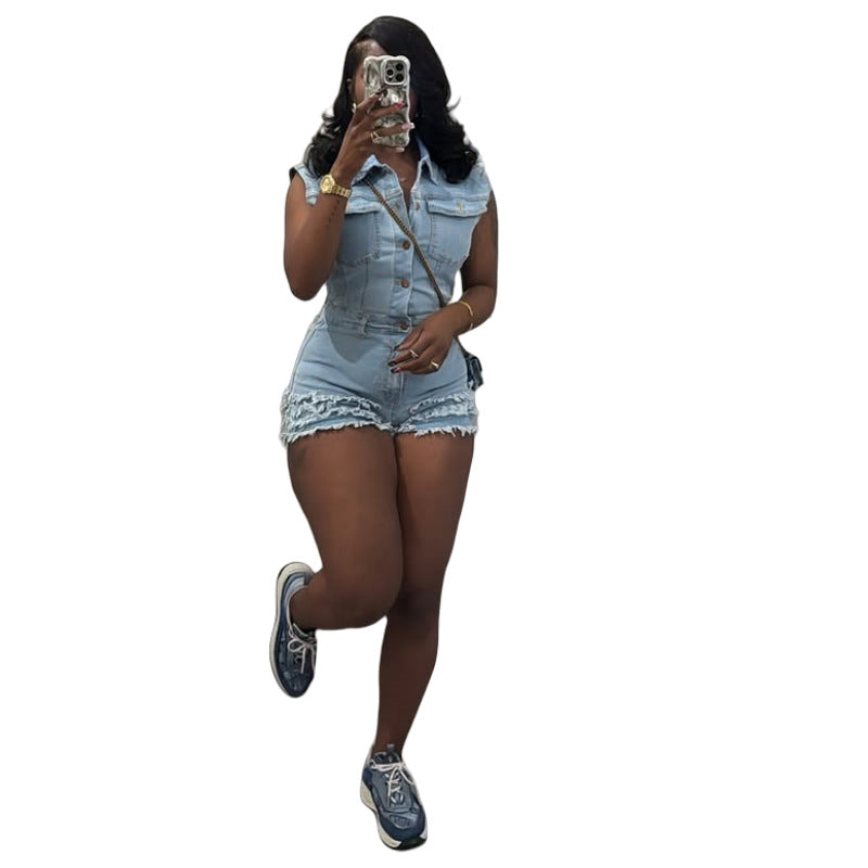 Stretch Cowboy Siamese Denim Sleeveless Slim Jumpsuits