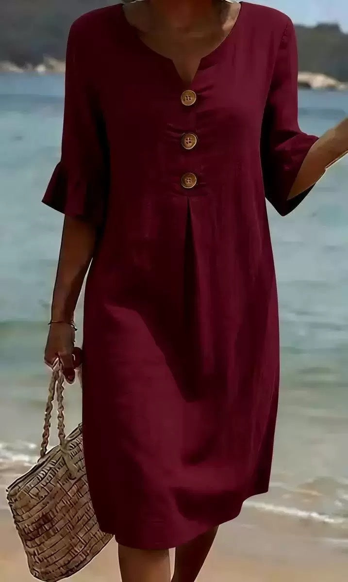 Women's Cotton Linen Large Buttons Ruffle Sleeve Dress