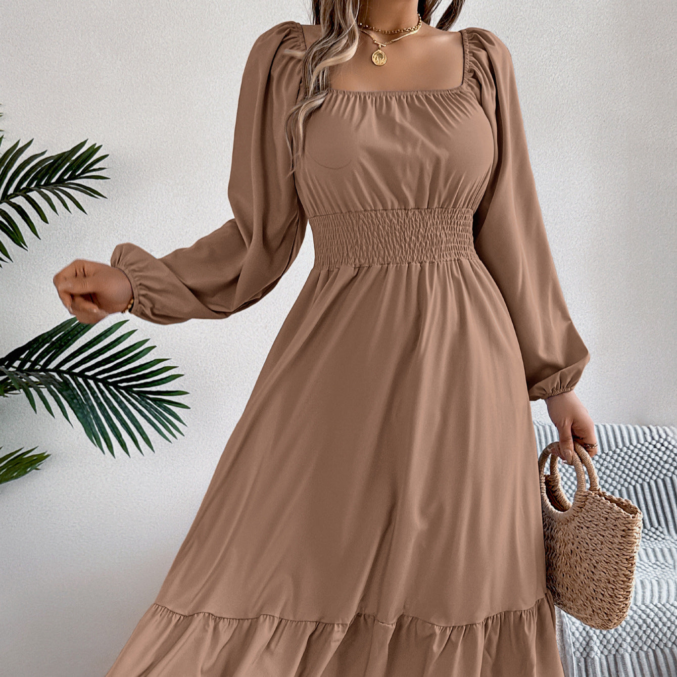Women's Color Square Collar Long Sleeve Waist Trimming Clothing