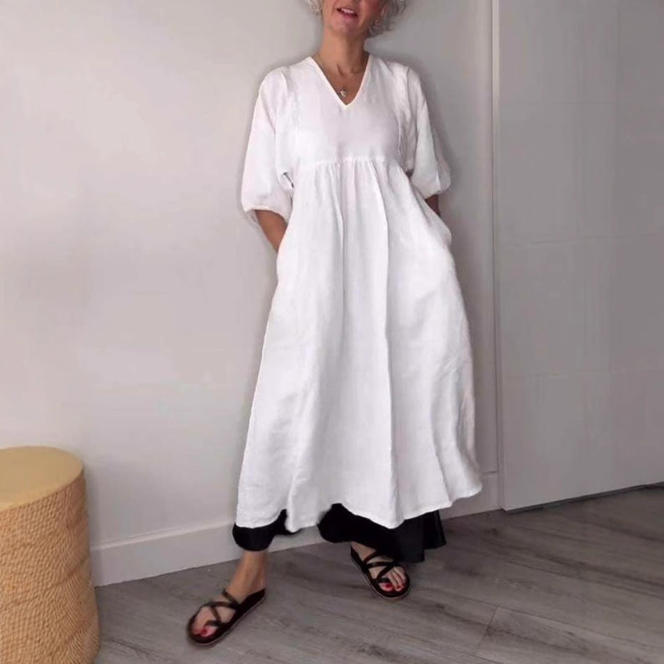 Women's Autumn Cotton Linen Deep Pleated Solid Color Casual Dress
