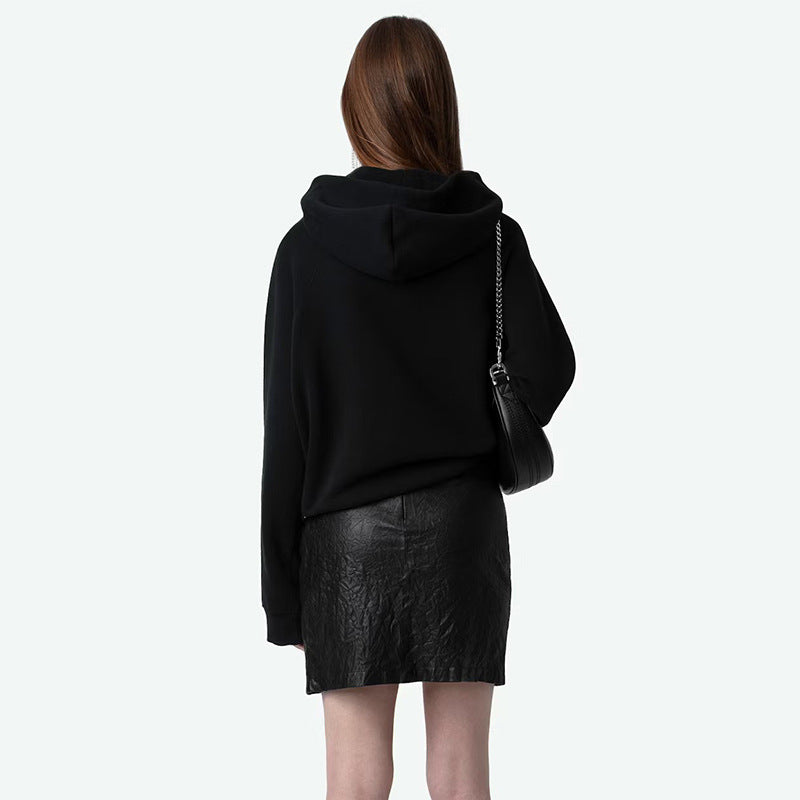 Women's Winter French Niche Wings Rhinestone Sleeves Printed Fleece Black Sweaters