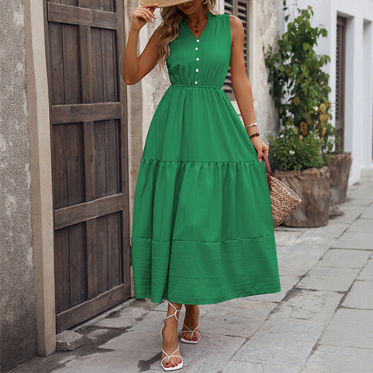 Women's A- Line Solid Color Sleeveless Stand Dresses
