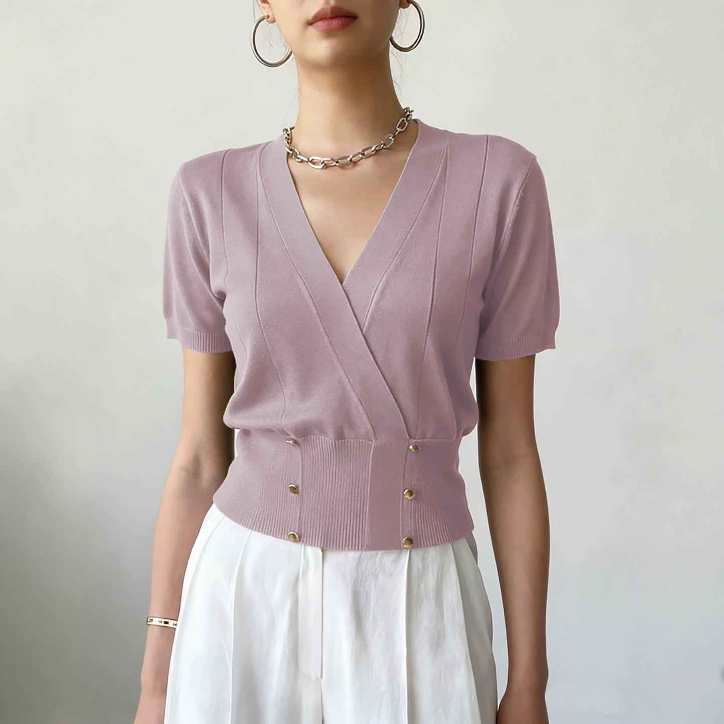 Women's Collar Tight Waist Fake Button Design Women's Sweater