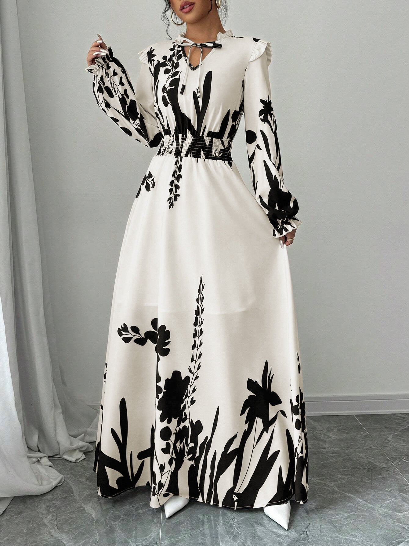 Elegant Graceful Floral Print Long Sleeve Dress