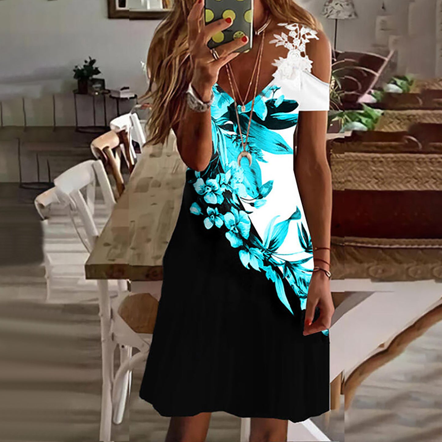 Women's Summer Lace Ruffled Sleeves Printed Dress Dresses