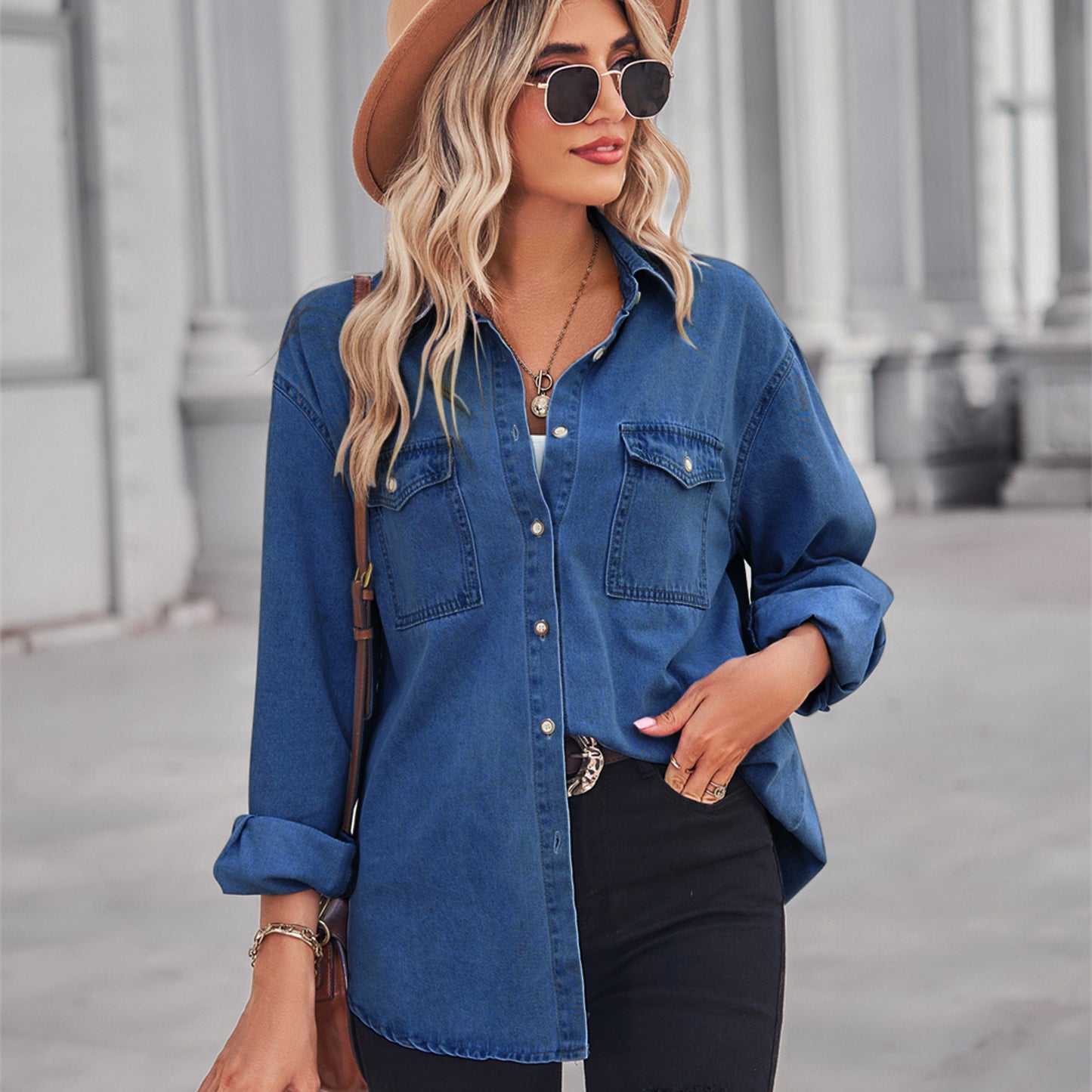 Women's Flattering Thin Denim Long Sleeve Shirt Blouses