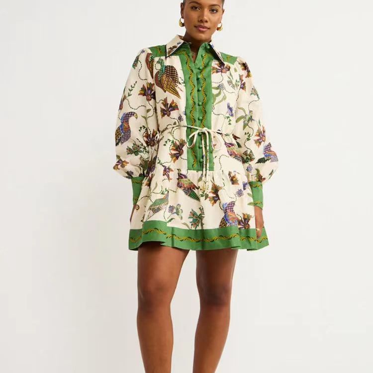 Single-breasted Long Lantern Sleeve Iti Printing Dresses