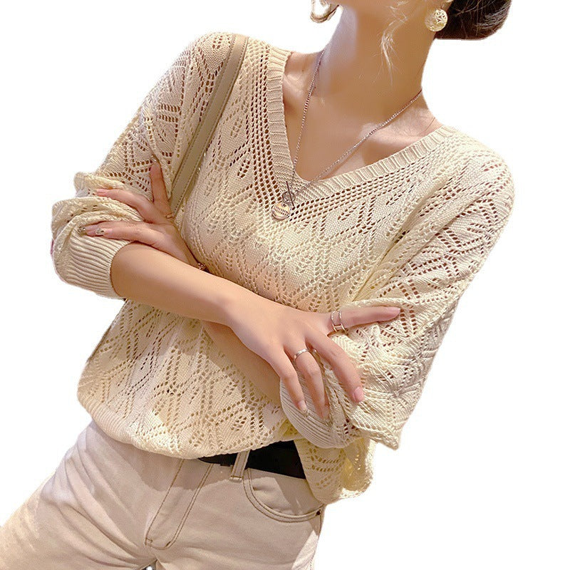 Women's Thin Batwing Shirt Loose Crocheted Long-sleeved Blouses