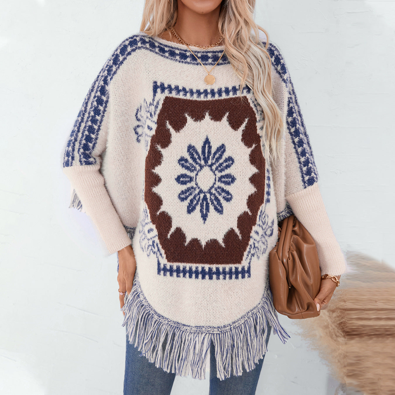 Women's Ethnic Style Pullover Shawl Loose Long Sleeve Knitwear