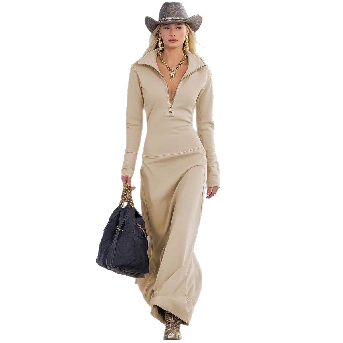Women's Zipper Collar Casual Long-sleeved Dress Dresses