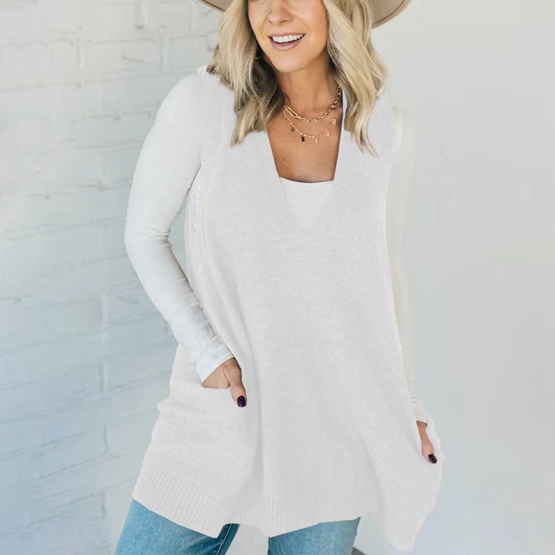 Trendy Classy Color Pocket Knitted Sleeveless Sweater