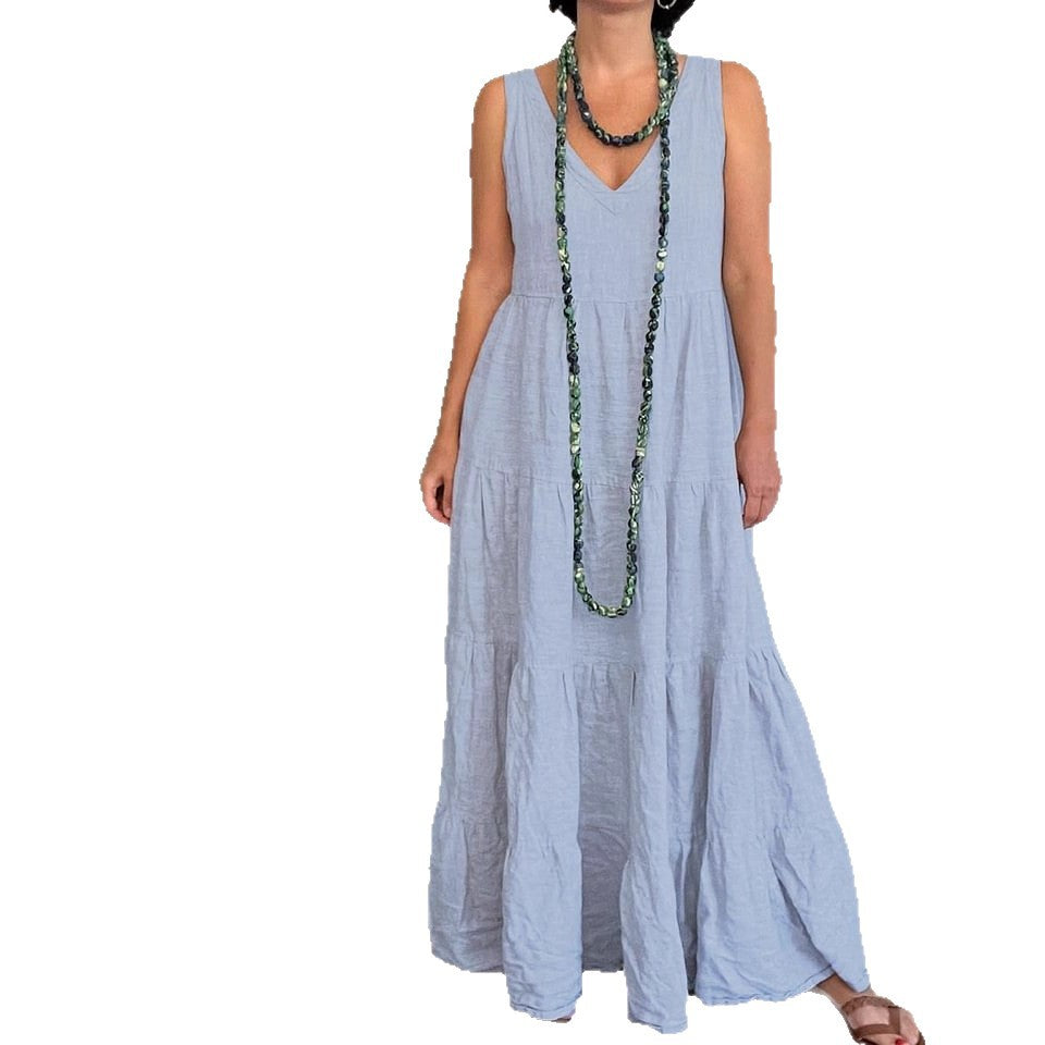 Women's Summer Solid Color Loose Cotton Linen Sleeveless Dress