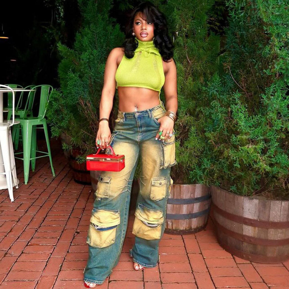 Women's Straight Trendy Unique Hanging Dyed High Jeans