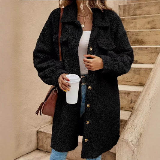 Women's Winter Buckle Lapel Plush Loose Temperament Coats