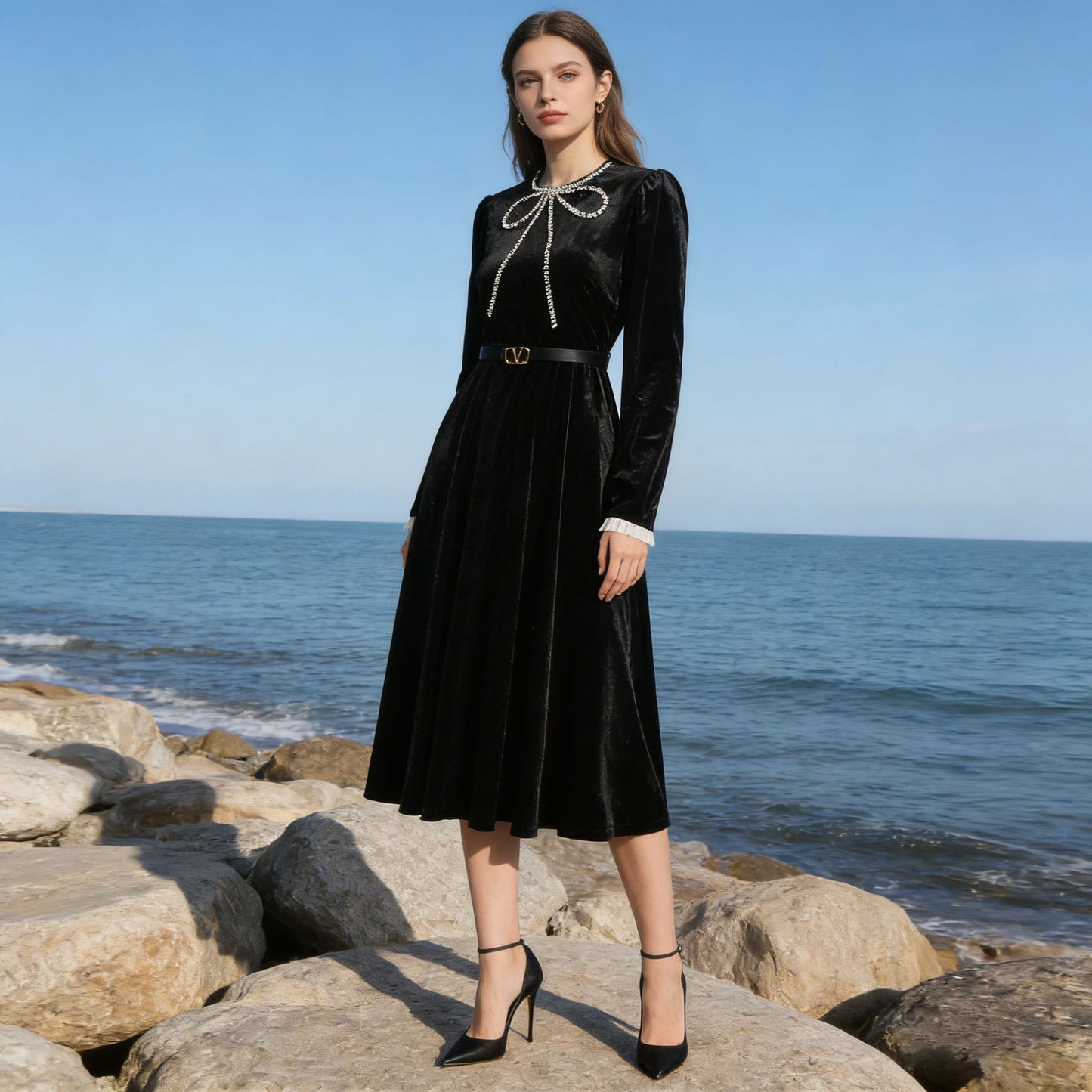 Women's Elegant Style Base Autumn Bow Long Sleeve Dress