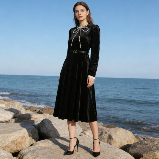 Women's Elegant Style Base Autumn Bow Long Sleeve Dress