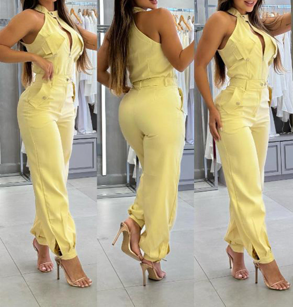 Women's Summer Sleeveless Slim Overalls Two-piece Set Suits