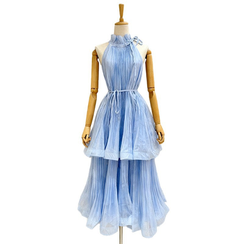 Women's Halter Sleeveless Pleated Gauze Dress Long Autumn Ruffled Dresses