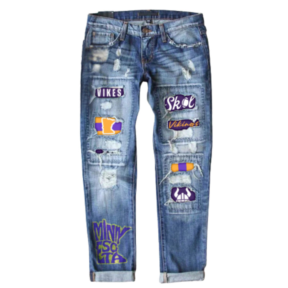 Women's Street Printing Ripped Straight Denim Trousers Jeans