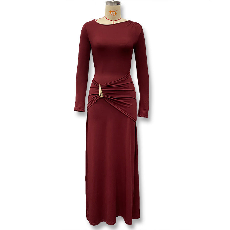 Women's Solid Color Round Neck Metal Decoration Temperament Long Dress