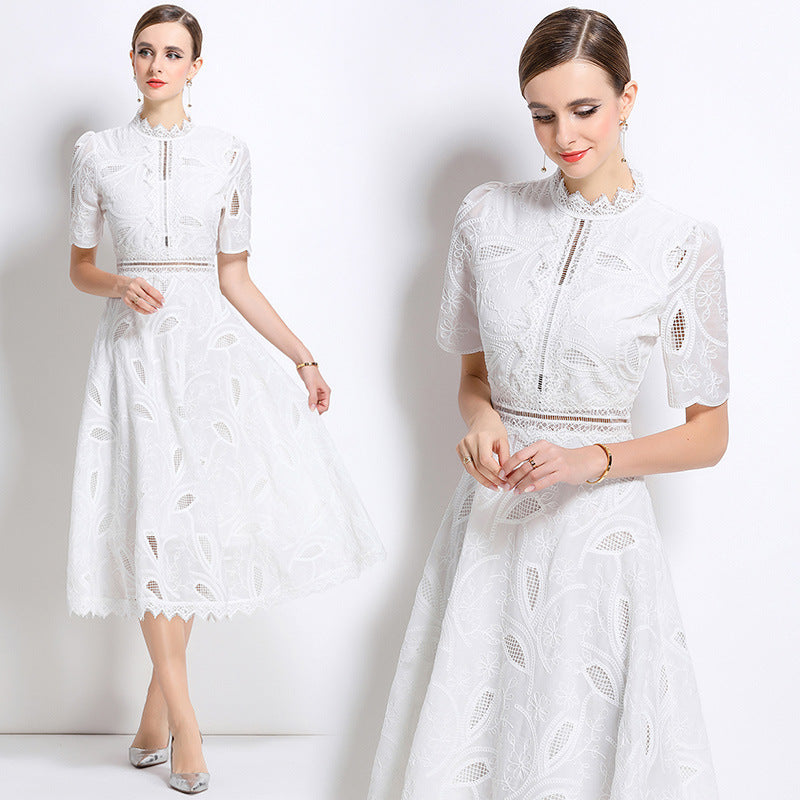Women's French Retro Hollow Embroidered Waist Trimming Dresses