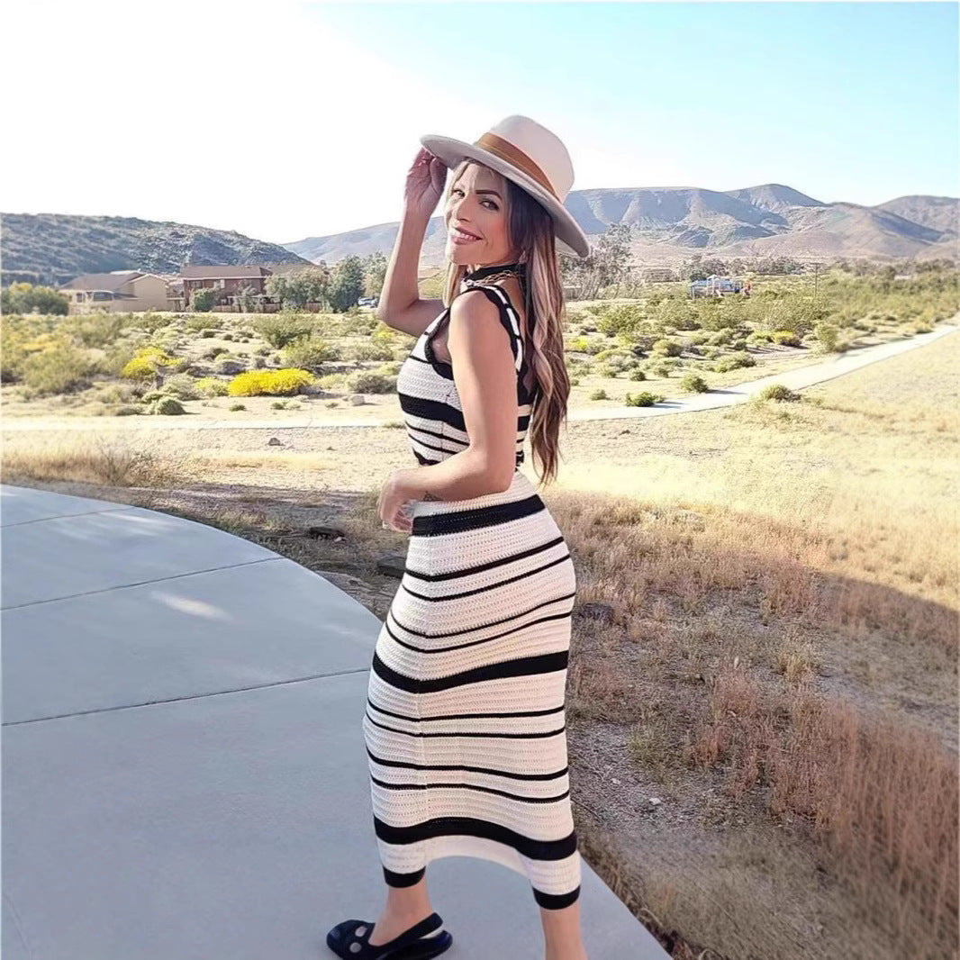 Women's Fashion Striped Knitted High Waist Contrast Suits