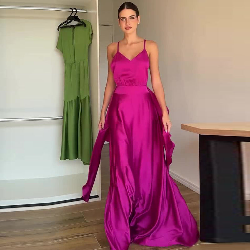 Women's Summer Backless Waist Trimming Rose Red Dresses