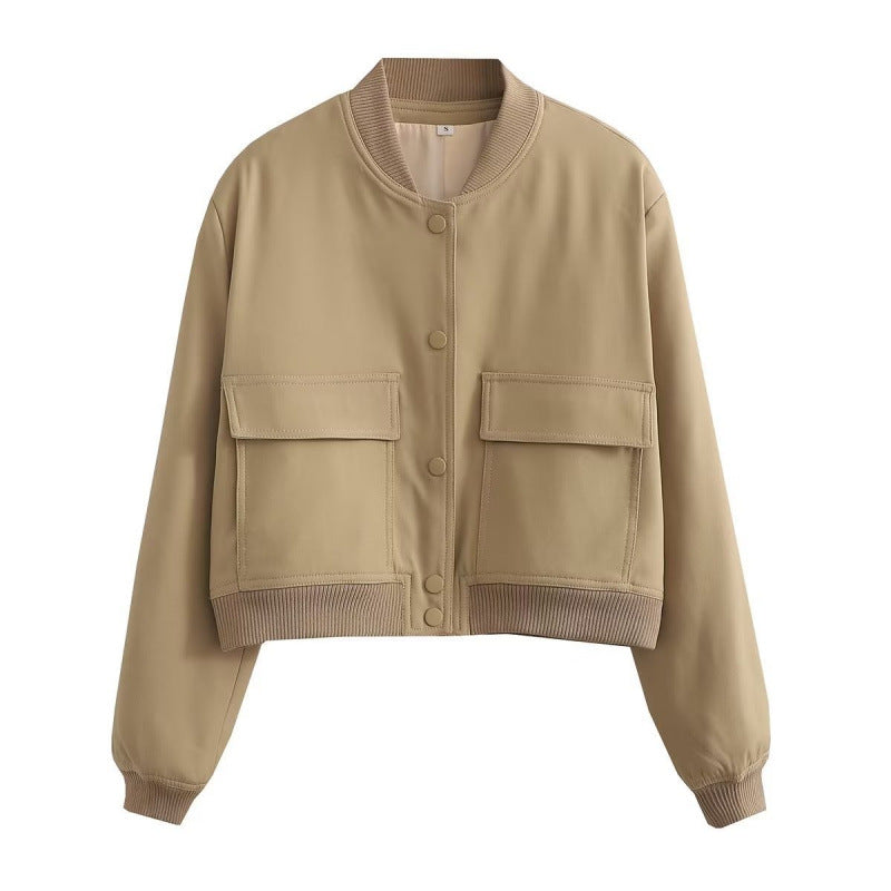 Women's Color Stand Collar Large Pocket Jackets