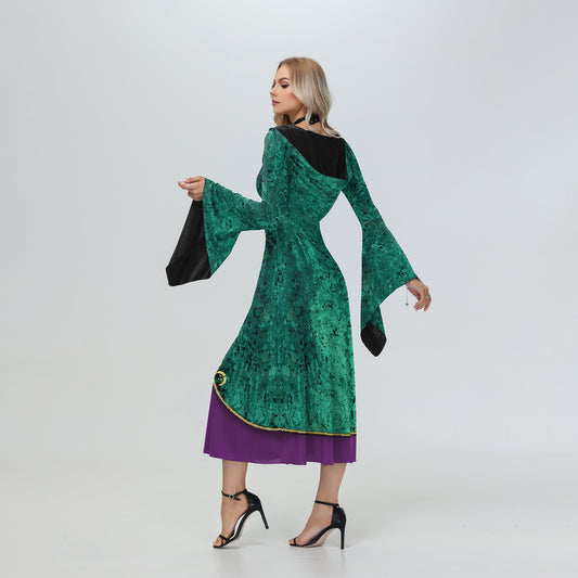 Women's Halloween Witch Also Crazy Hooded Bell Sleeve Digital Dress
