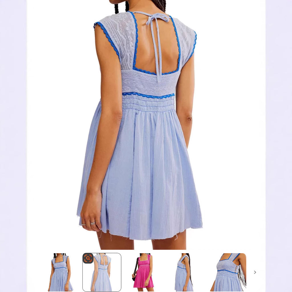 Women's Sleeveless Square Collar Pleated Backless Mini Dresses