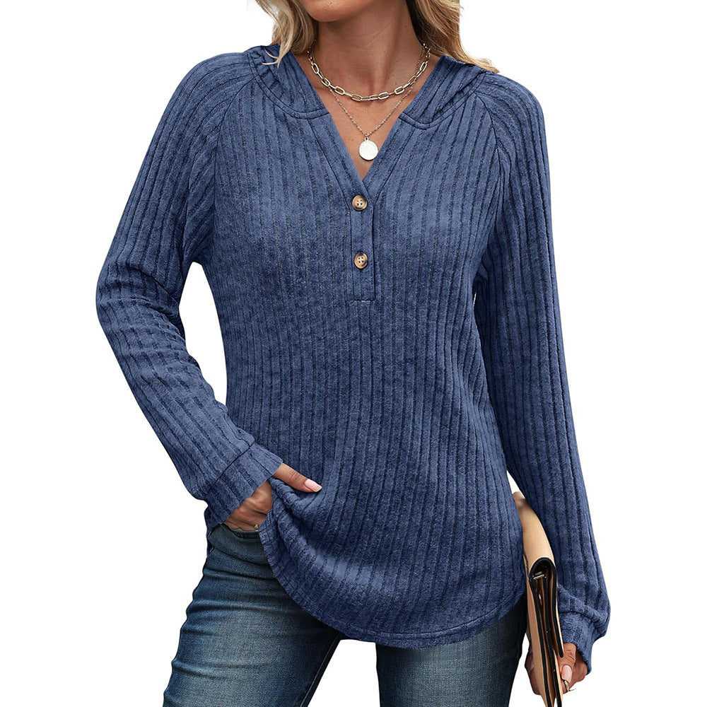 Solid Color Button Loose Hooded Fleece Women's Sweater