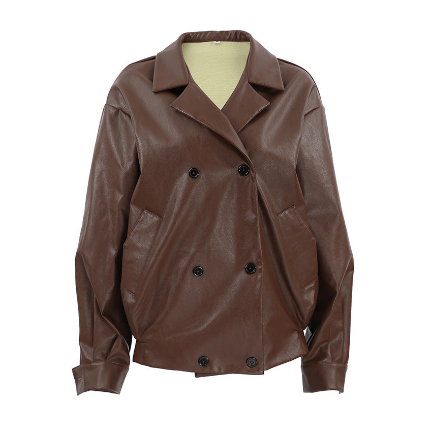 Women's Retro Brown Leather High-grade Loose Collar Jackets