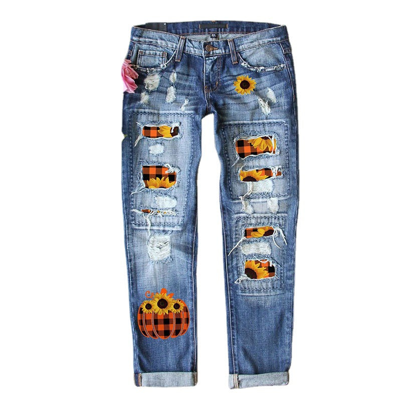 Women's Pumpkin Festival Printed Ripped Straight Denim Jeans