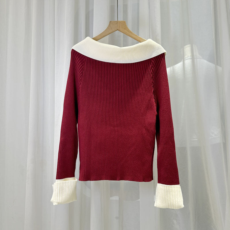 Women's French Style Temperament Contrast Color Lapels Sweater