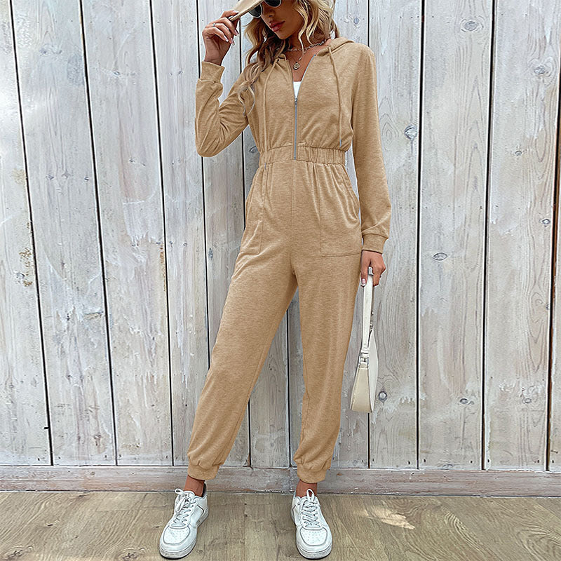 Women's Hooded Long-sleeved Zipper Hoodie Casual Sports Jumpsuits
