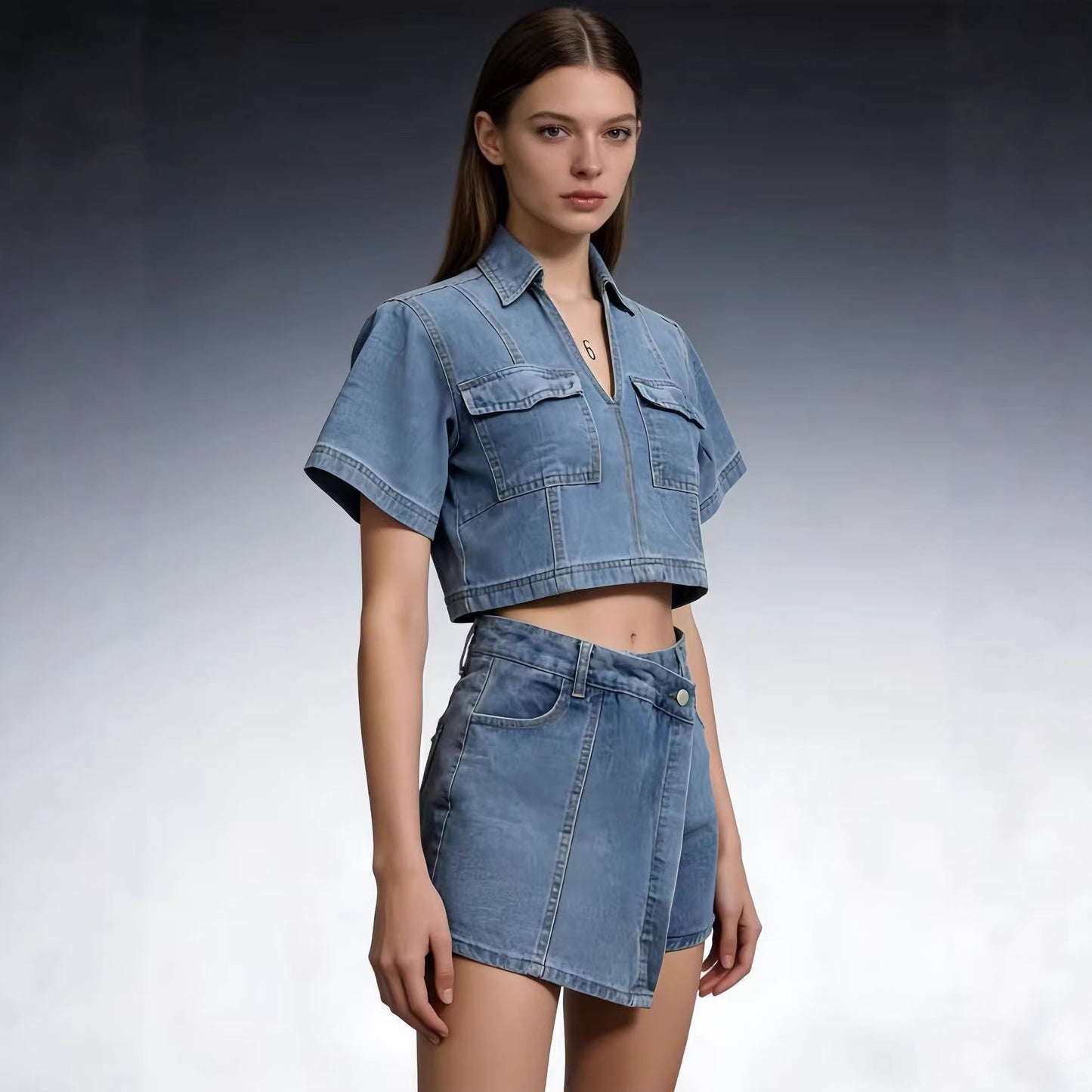 Women's Denim Culottes Summer Short-sleeved Hot High Suits
