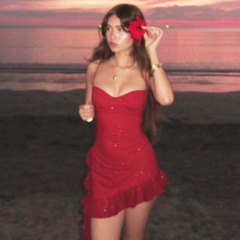 Women's Sweet Chest Wrap Slim Fit Sexy Ruffles Dresses