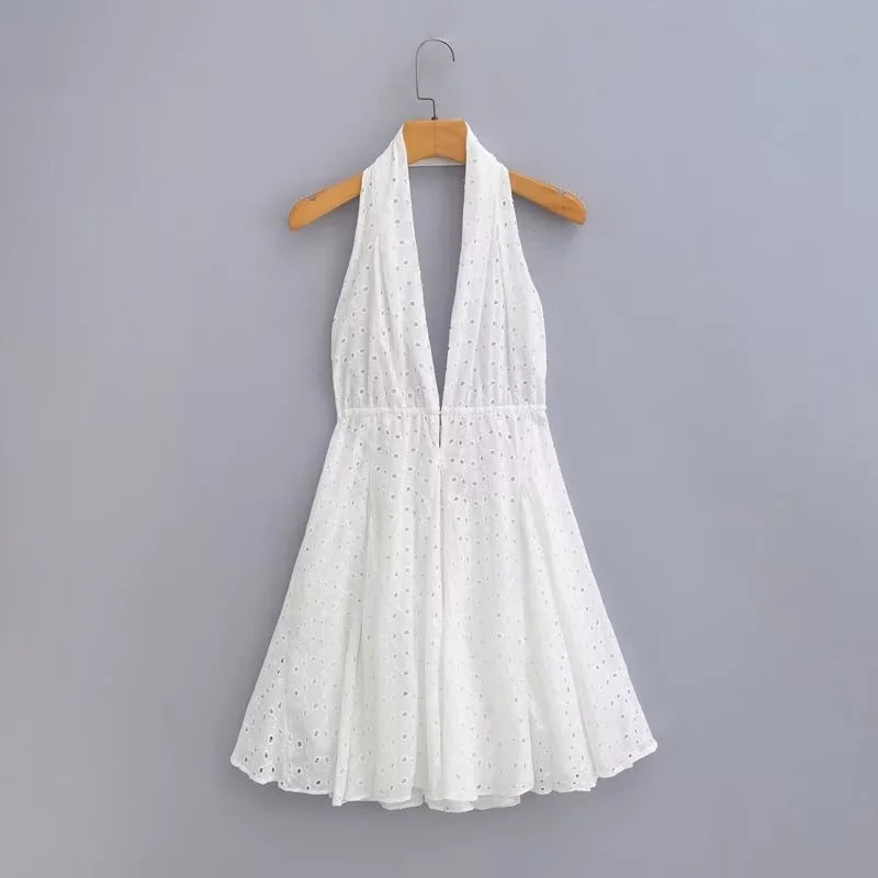 Women's Wear Autumn Hollow Embroidery Hanging Collar Dresses