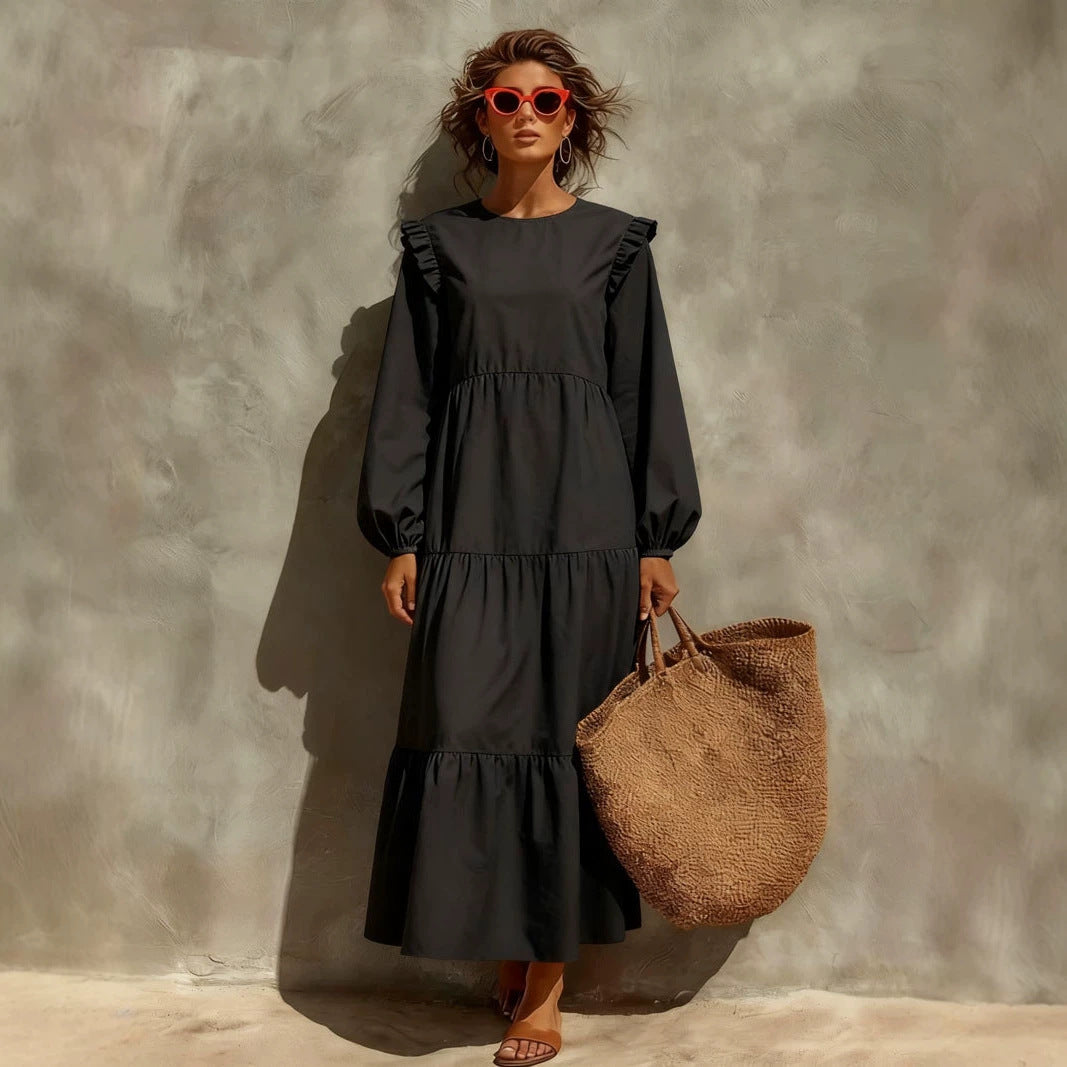 Neck Casual Loose Long Sleeve Solid Dress