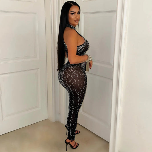 Women's Sexy Mesh Rhinestone Sleeveless Nightclub Jumpsuits