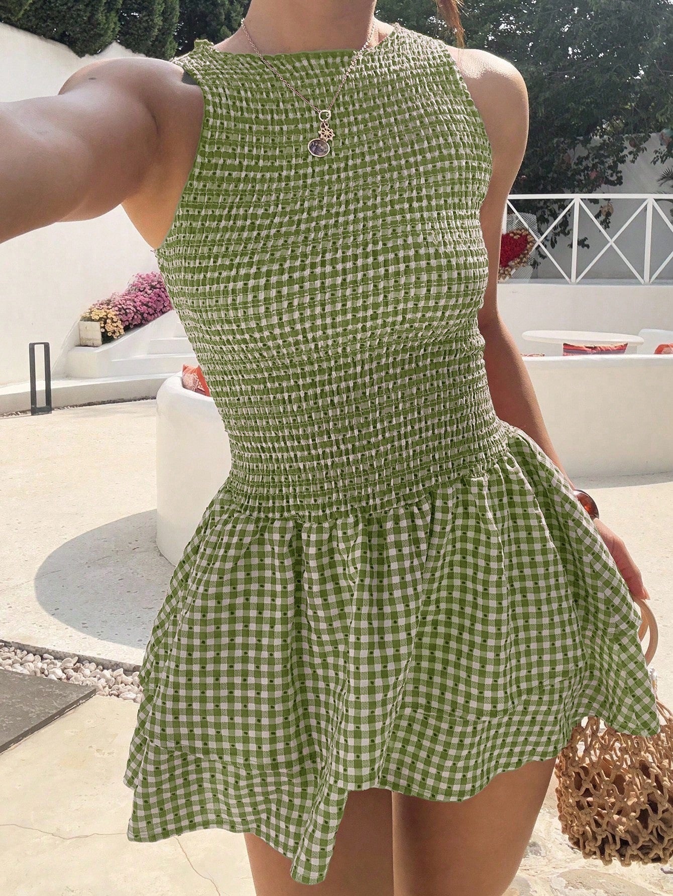 Retro Sleeveless Plaid Fitted Waist Pleated Camisole Tiered Dress