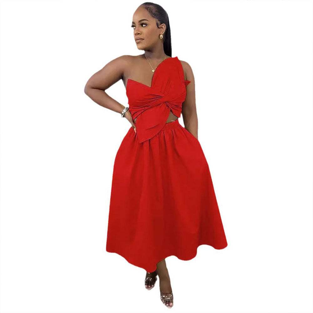Solid Color Smocking One Shoulder Petal Dresses