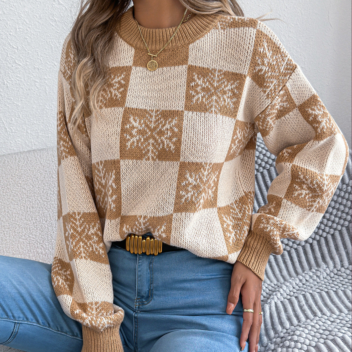 Women's Snowflake Plaid Lantern Long Sleeve Pullover Sweater
